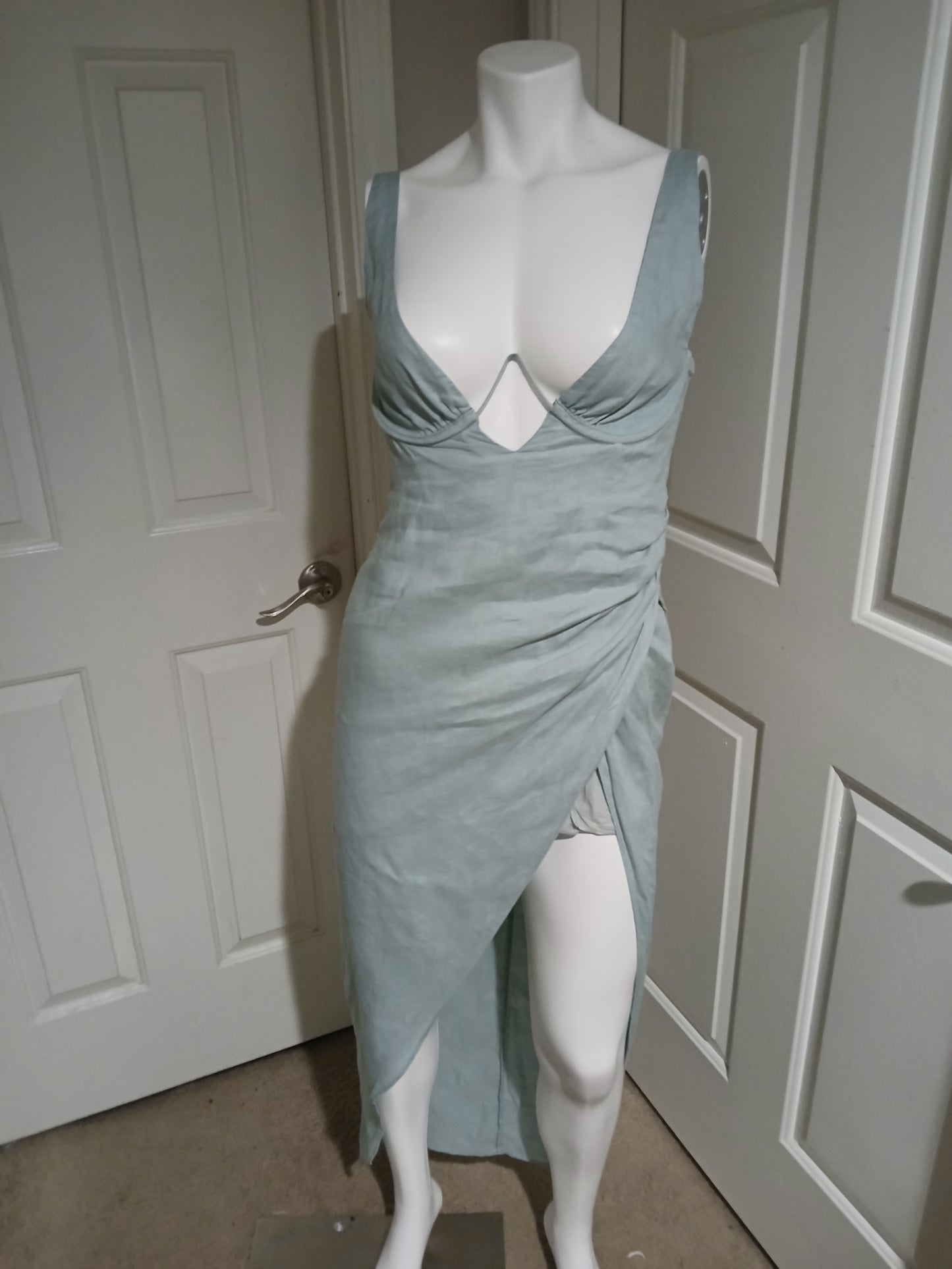 Rumer The Label Luella Maxi Linen Dress Blue Slit Size S