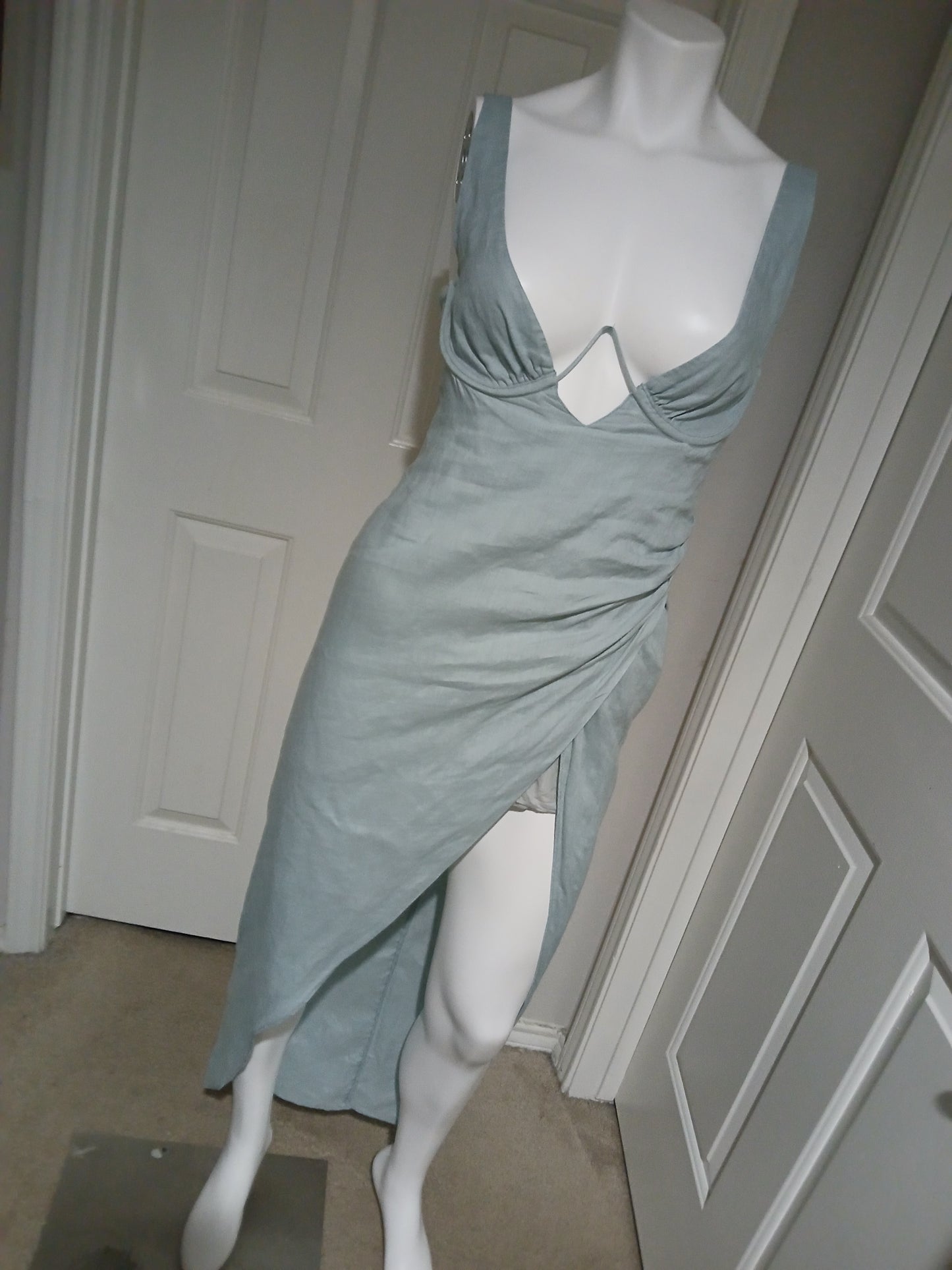 Rumer The Label Luella Maxi Linen Dress Blue Slit Size S