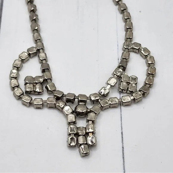 Retro Silver Tone Rhinestone Prong Art Deco Droplet Choker