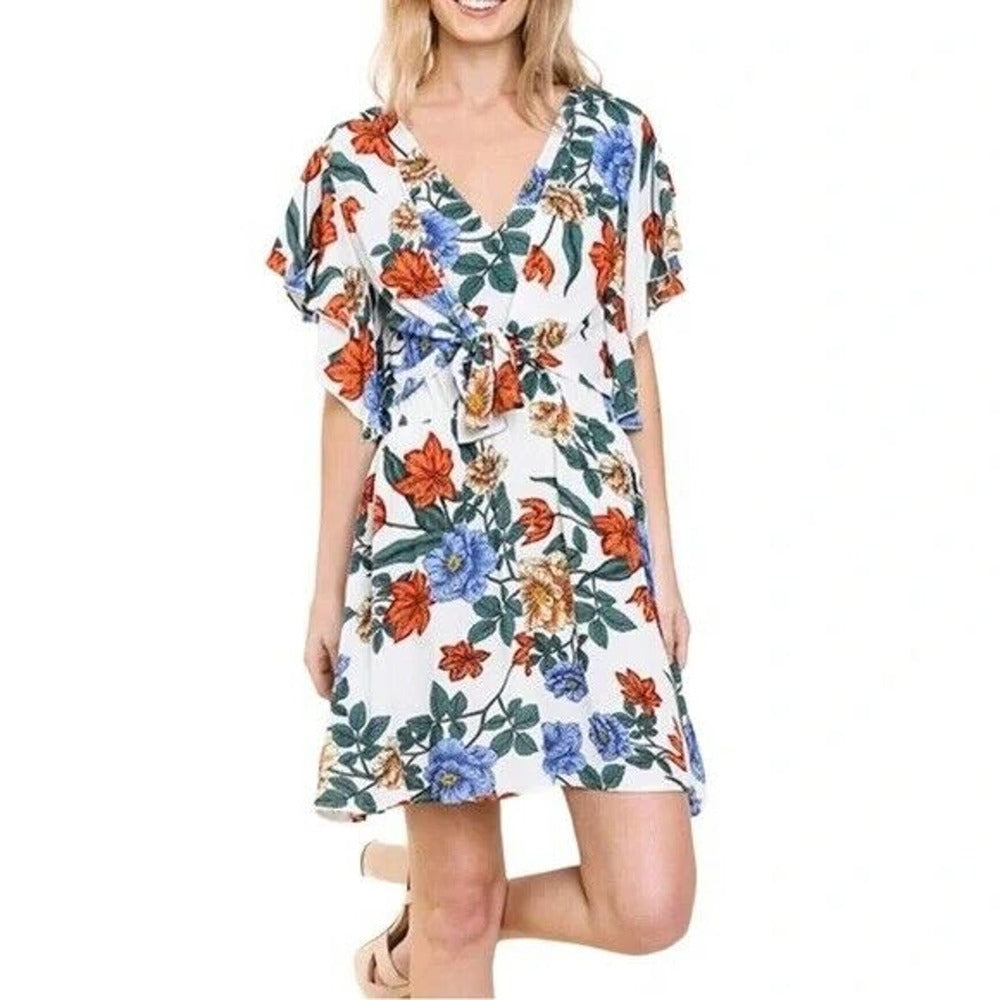 Umgee Tropical Floral Flare Sleeve Tie Front Fit Dress L