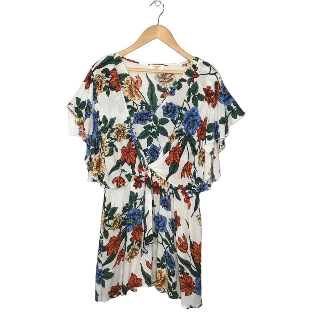 Umgee Tropical Floral Flare Sleeve Tie Front Fit Dress L