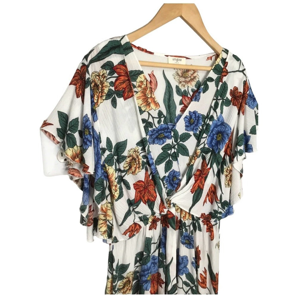 Umgee Tropical Floral Flare Sleeve Tie Front Fit Dress L