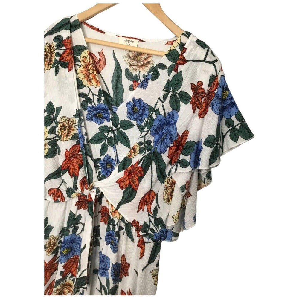 Umgee Tropical Floral Flare Sleeve Tie Front Fit Dress L