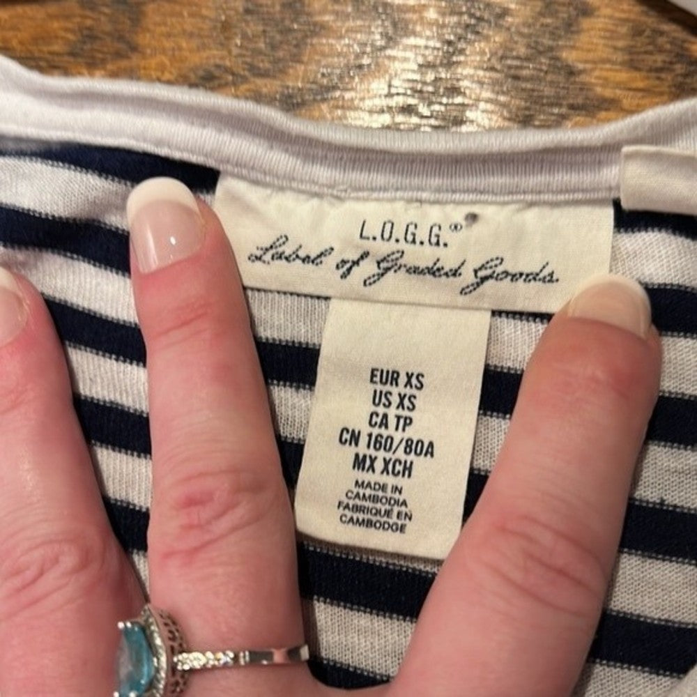 LOGG Navy Blue and White Cropped Sheer V Neck Top Size XS