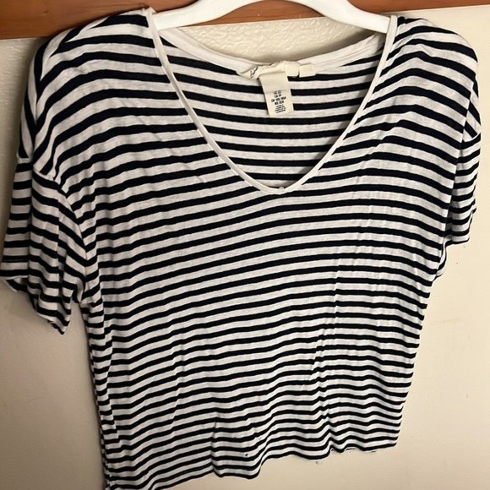 LOGG Navy Blue and White Cropped Sheer V Neck Top Size XS