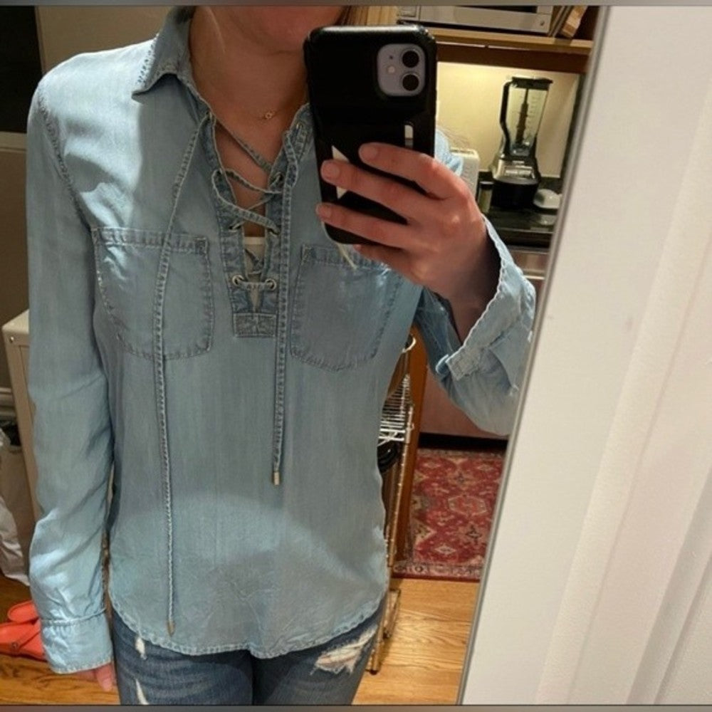 Adorable Paige Denim Chambray Top with Lace Up Front size S
