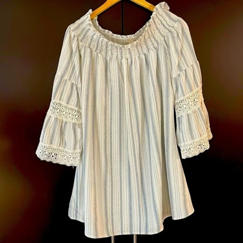 Gorgeous Bell Sleeved Striped A-Frame Off the Shoulder Midi/Mini Tunic size XL