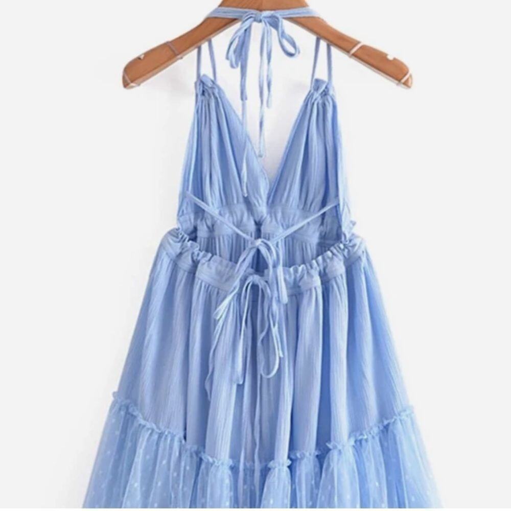 WOMENS dobby mesh self tie ruffle powder blue halter dress size 8-10