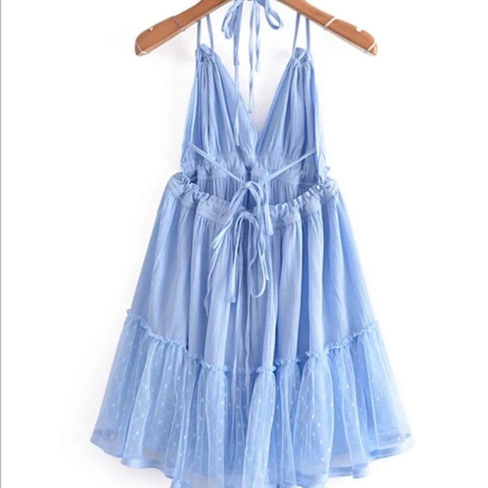 WOMENS dobby mesh self tie ruffle powder blue halter dress size 8-10