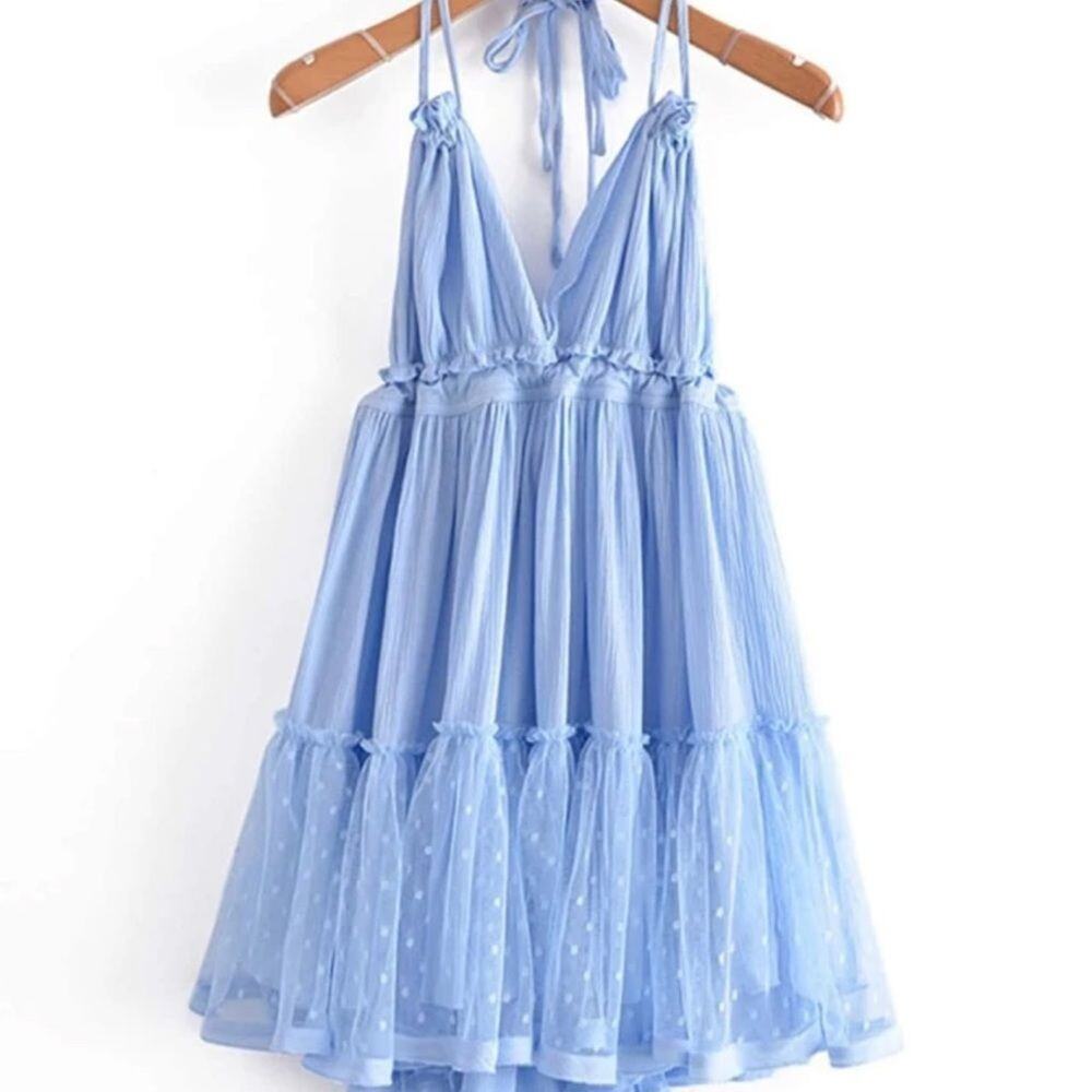 WOMENS dobby mesh self tie ruffle powder blue halter dress size 8-10