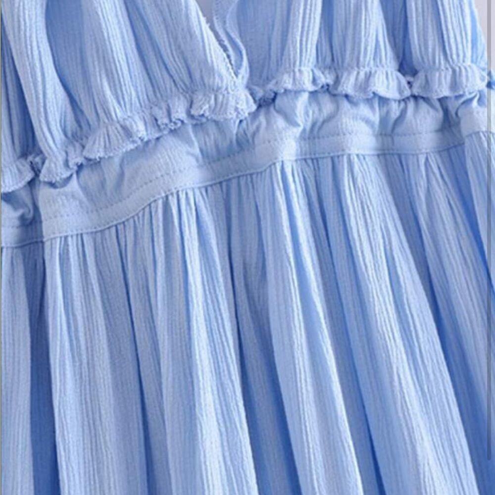 WOMENS dobby mesh self tie ruffle powder blue halter dress size 8-10