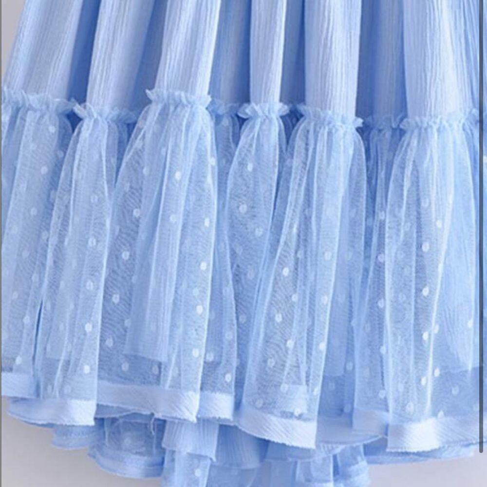WOMENS dobby mesh self tie ruffle powder blue halter dress size 8-10