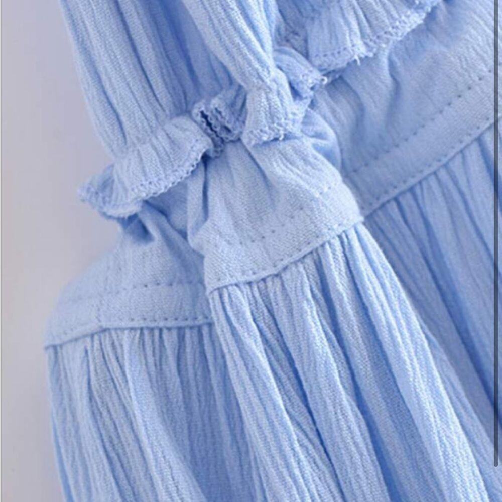 WOMENS dobby mesh self tie ruffle powder blue halter dress size 8-10