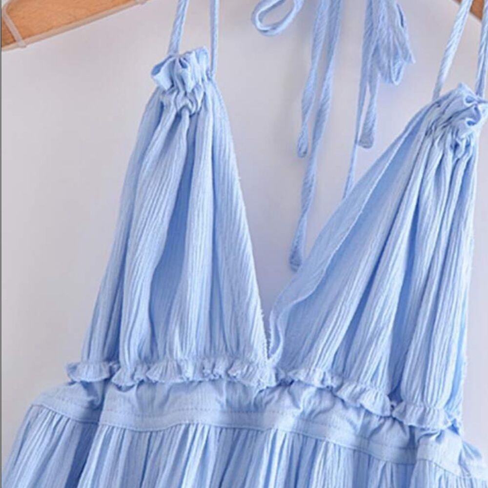 WOMENS dobby mesh self tie ruffle powder blue halter dress size 8-10