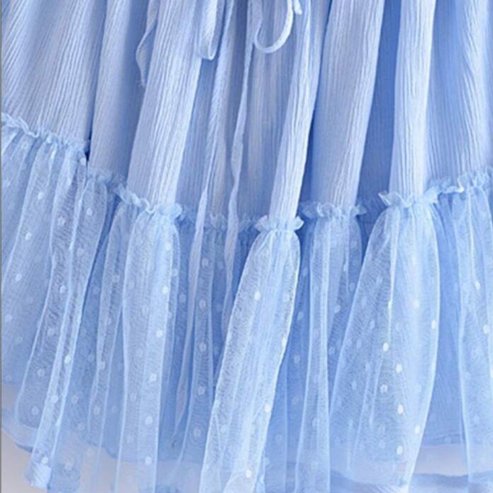 WOMENS dobby mesh self tie ruffle powder blue halter dress size 8-10