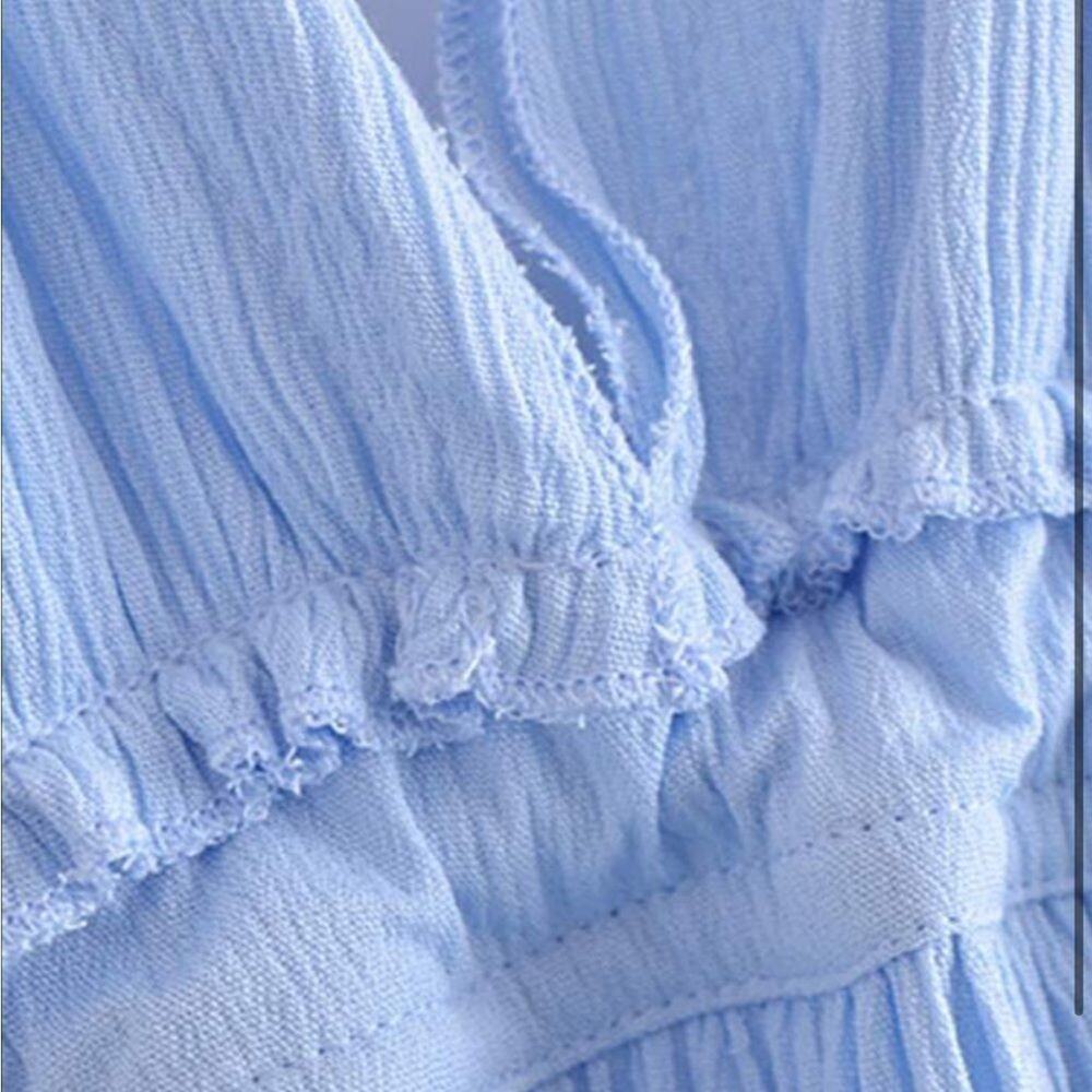 WOMENS dobby mesh self tie ruffle powder blue halter dress size 8-10