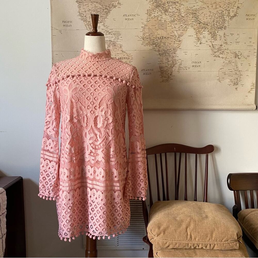 NWOT Pink Glam Cocktail Crochet Pom Pom Punk Dress, Lined, M