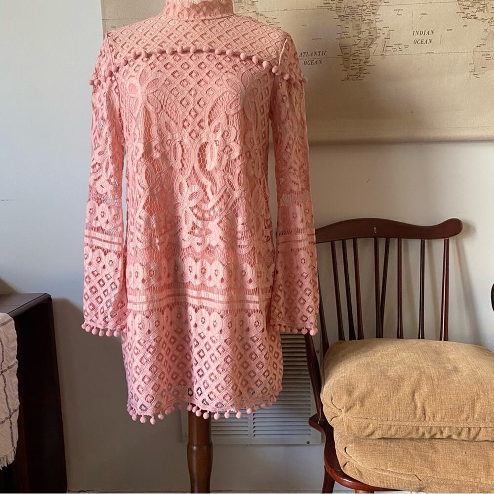 NWOT Pink Glam Cocktail Crochet Pom Pom Punk Dress, Lined, M