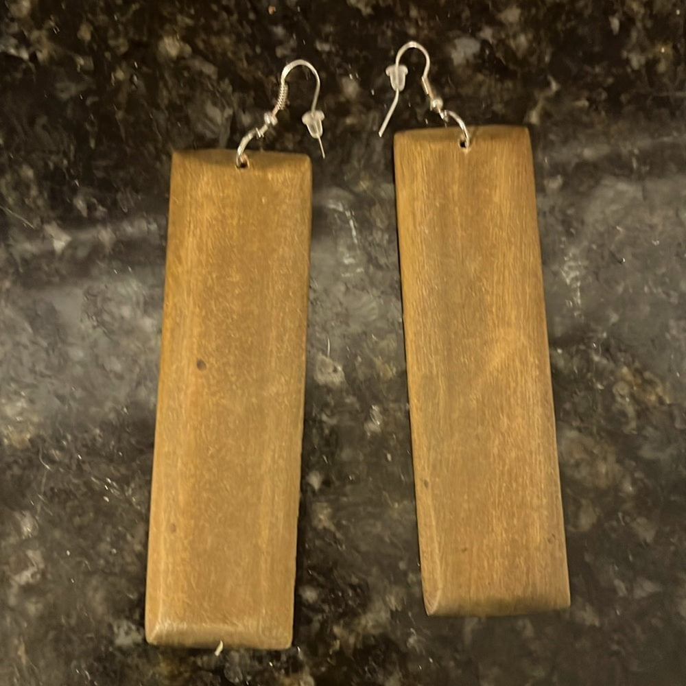 Long Rectangle Wood Dangle Earrings