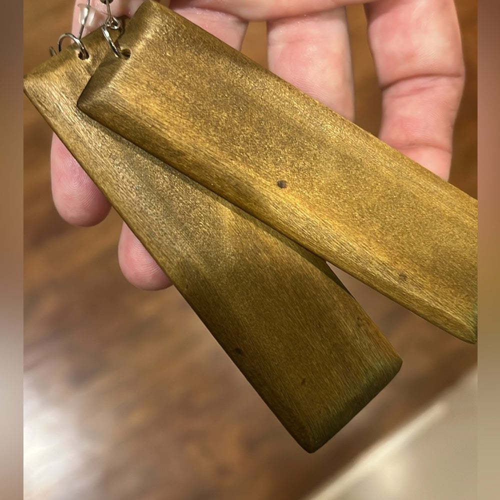 Long Rectangle Wood Dangle Earrings
