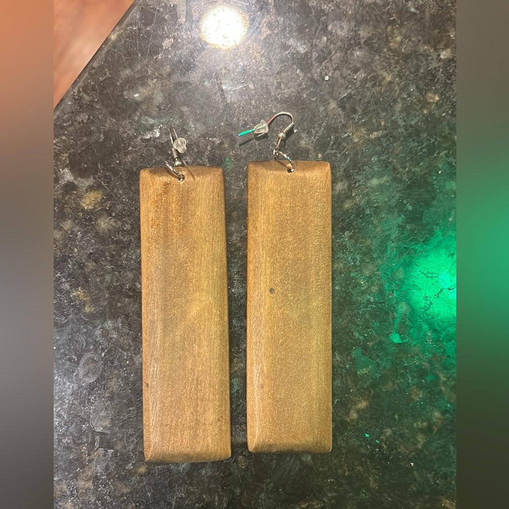Long Rectangle Wood Dangle Earrings