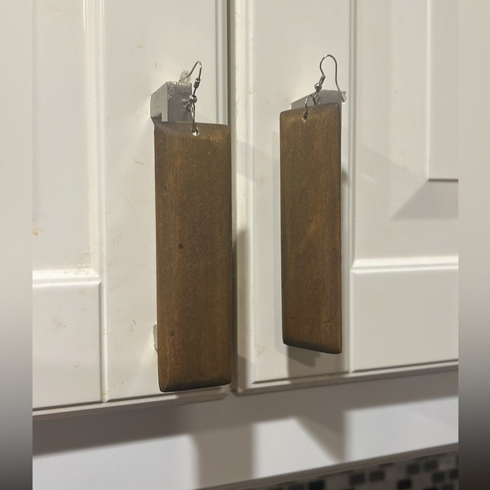 Long Rectangle Wood Dangle Earrings