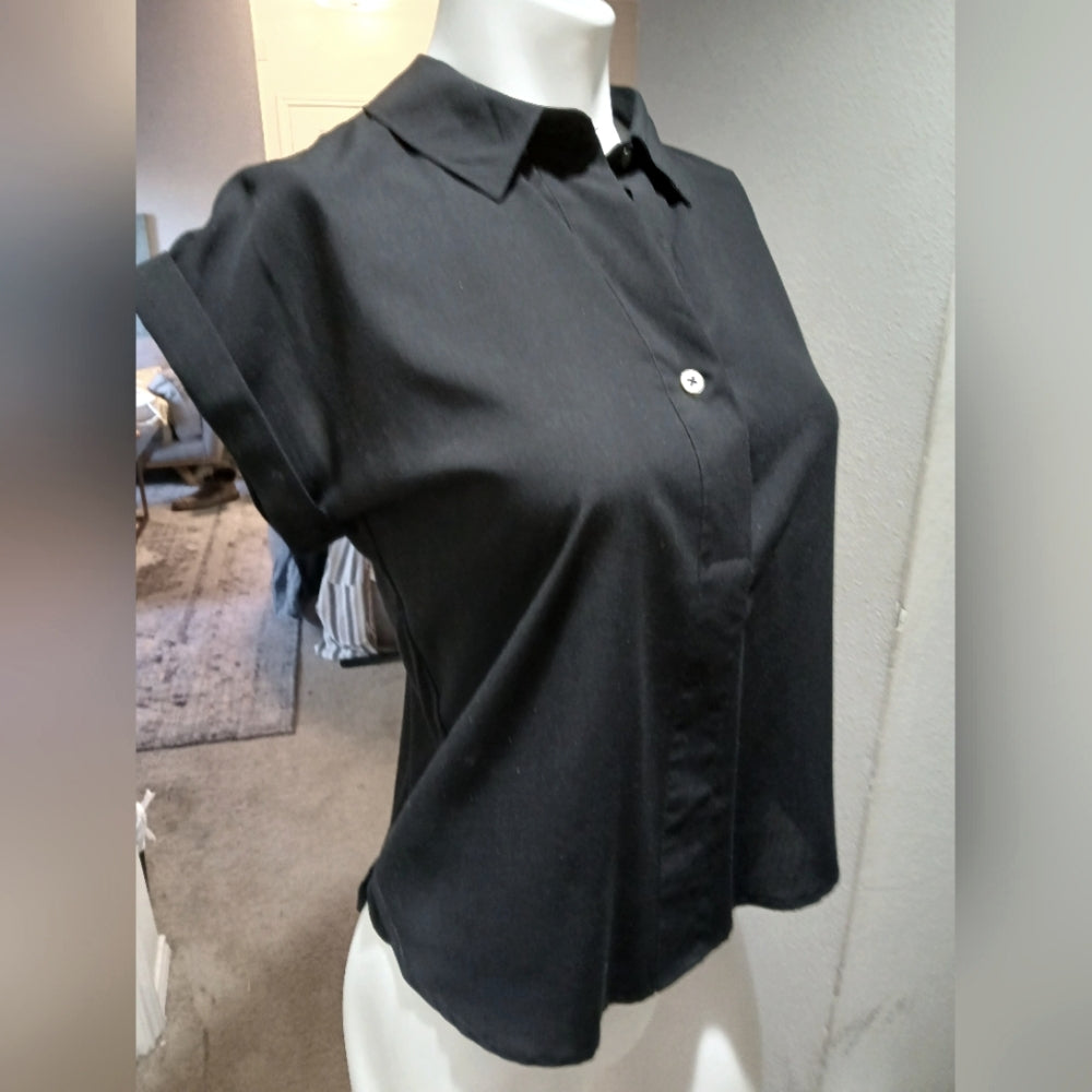 Women’s A New Day Short Sleeve Mixed Media Popover Top Ebony XS
