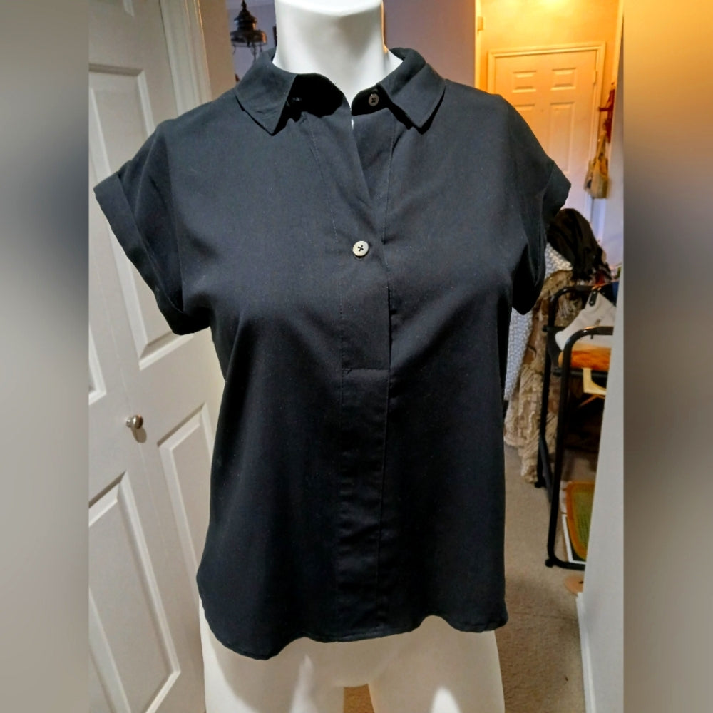 Women’s A New Day Short Sleeve Mixed Media Popover Top Ebony XS