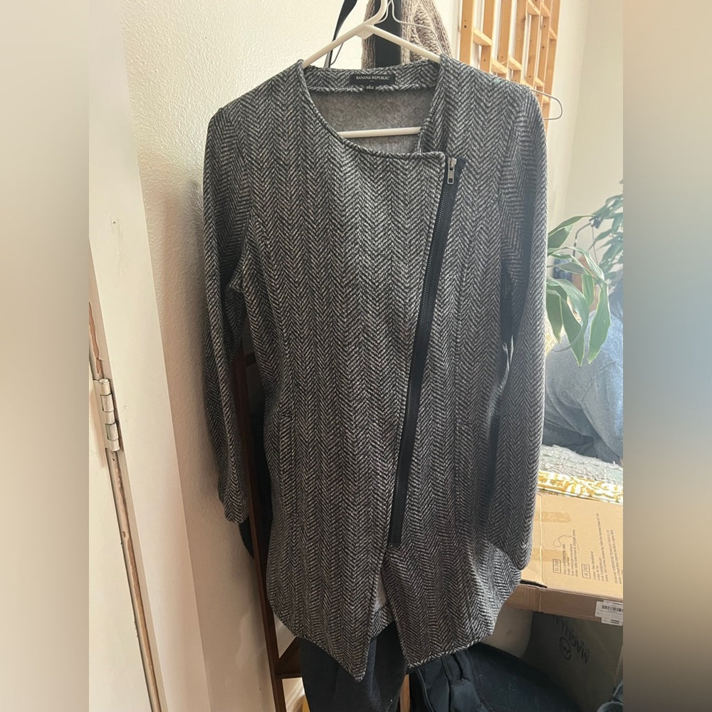 Banana Republic Factory Herringbone Fleece Lined Jacket Gray Zip Coat size L