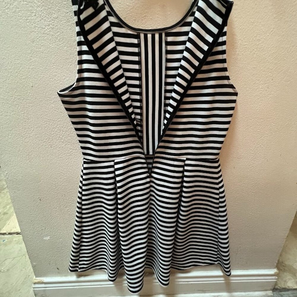 Attention Black White Striped Fit Flare Sleeveless Stretch Knit Dress XL