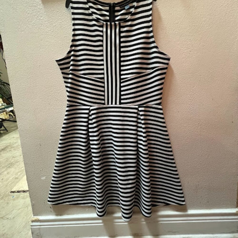 Attention Black White Striped Fit Flare Sleeveless Stretch Knit Dress XL