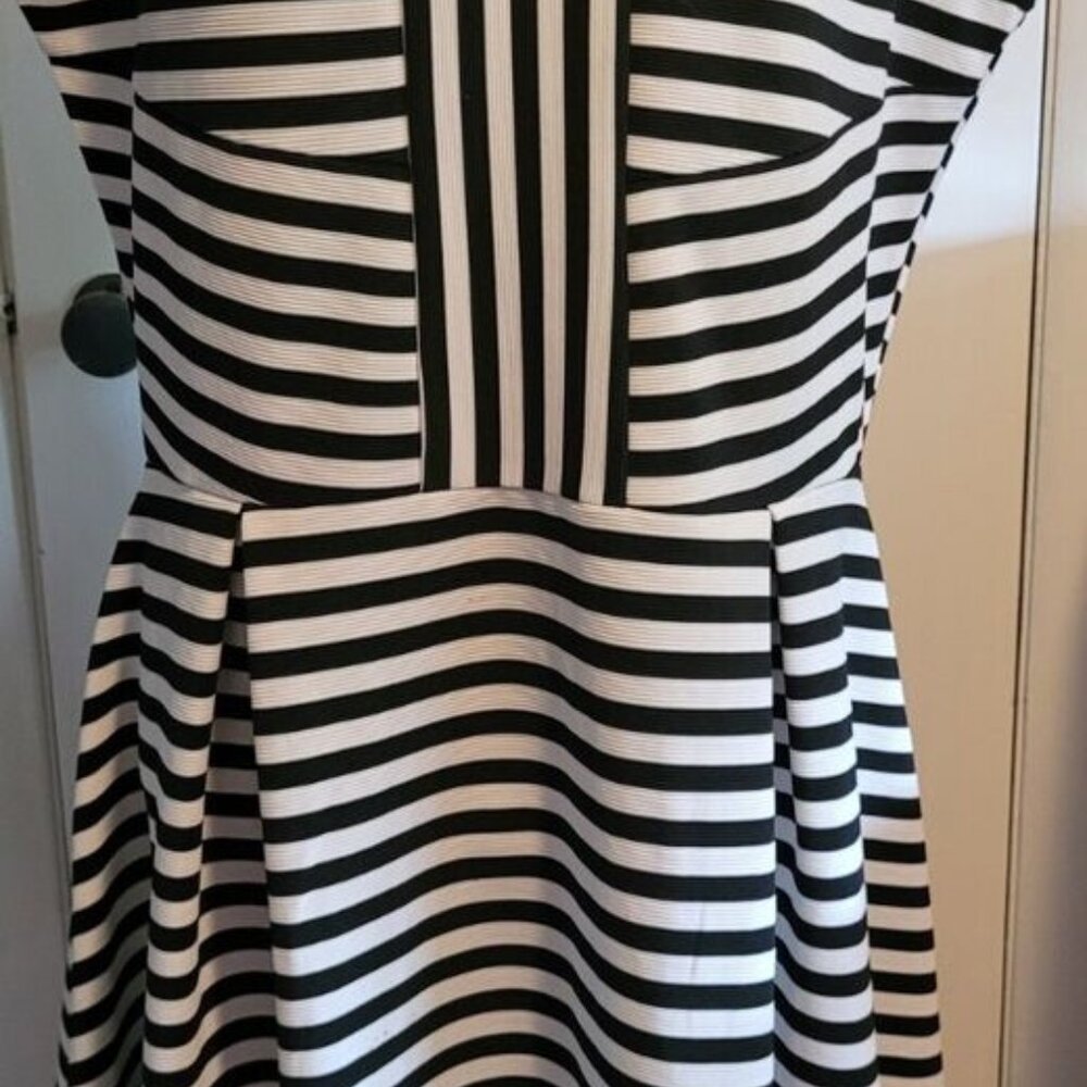 Attention Black White Striped Fit Flare Sleeveless Stretch Knit Dress XL