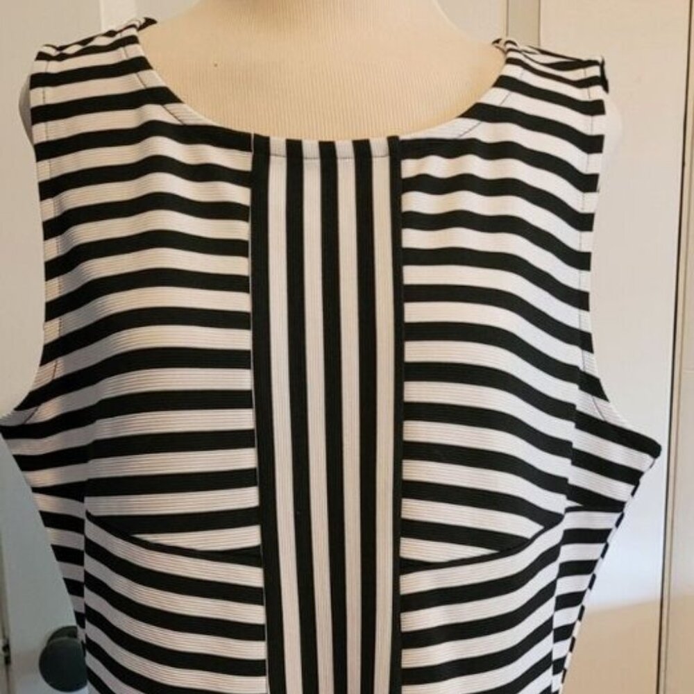 Attention Black White Striped Fit Flare Sleeveless Stretch Knit Dress XL