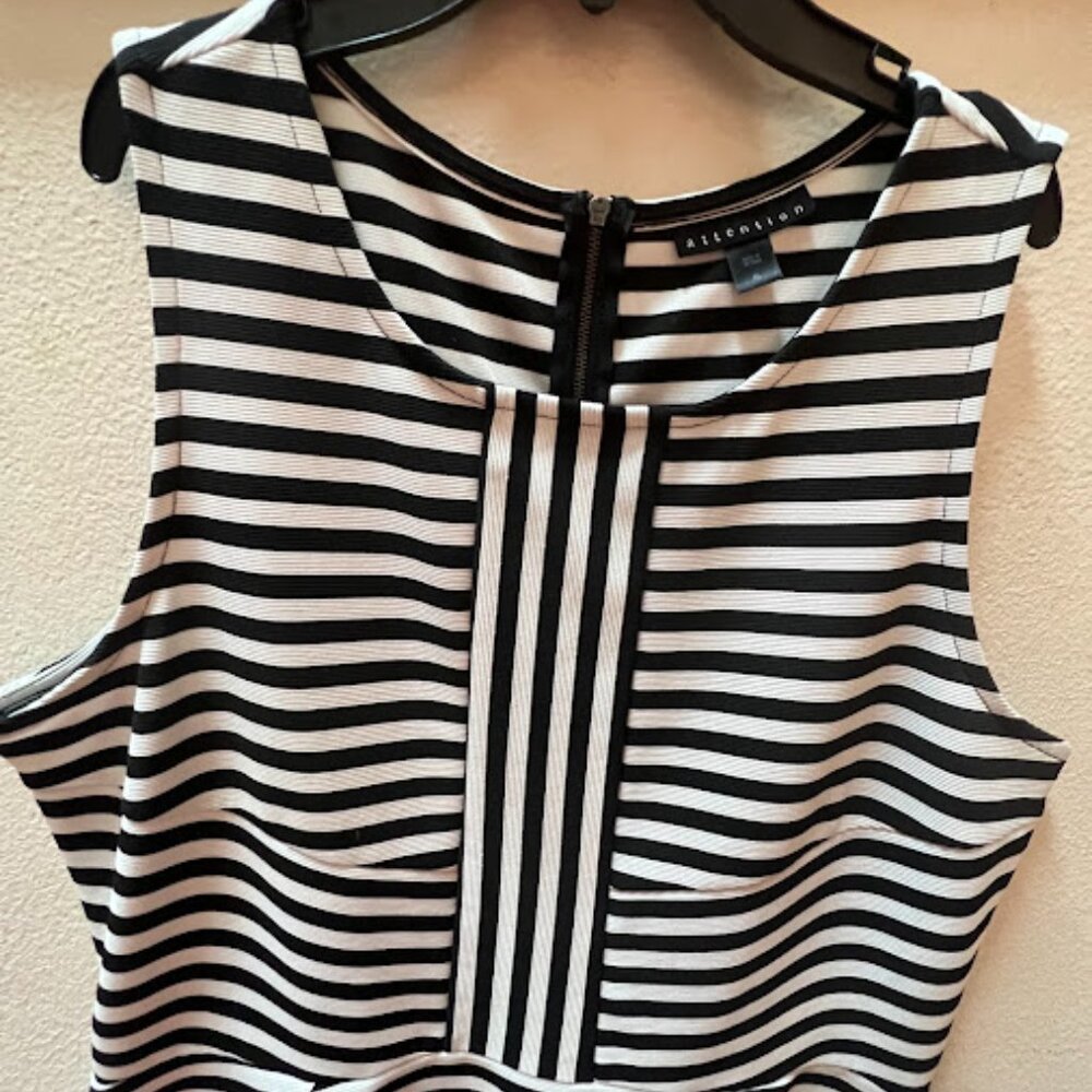 Attention Black White Striped Fit Flare Sleeveless Stretch Knit Dress XL