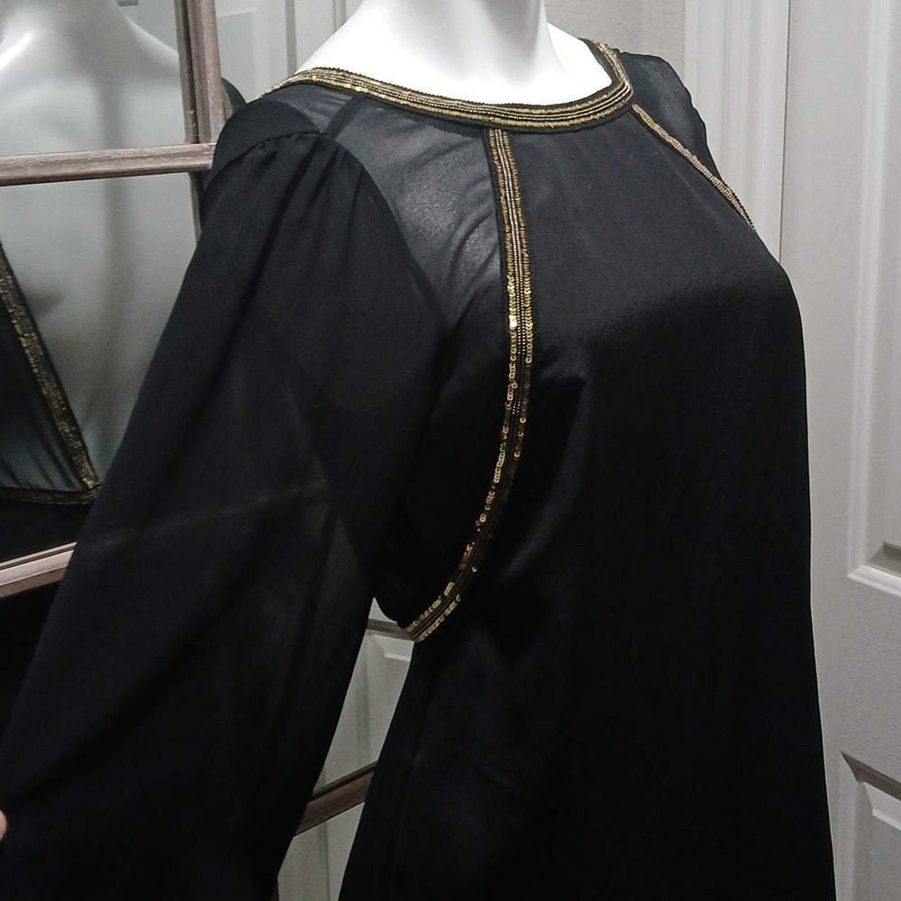 NWOT BCBG Black Low Back Embellished Mini Dress Sheer Bell Sleeves Size 6