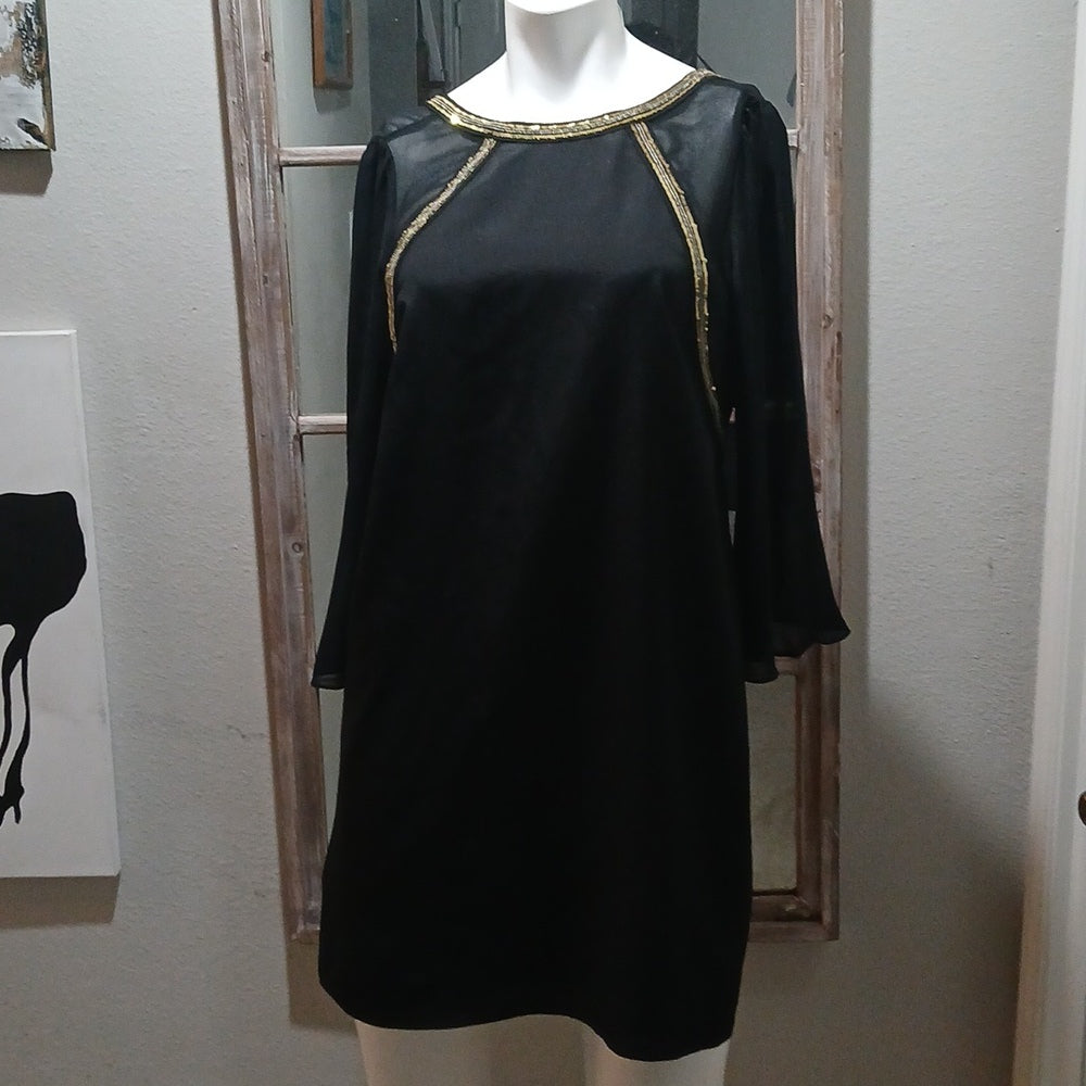NWOT BCBG Black Low Back Embellished Mini Dress Sheer Bell Sleeves Size 6