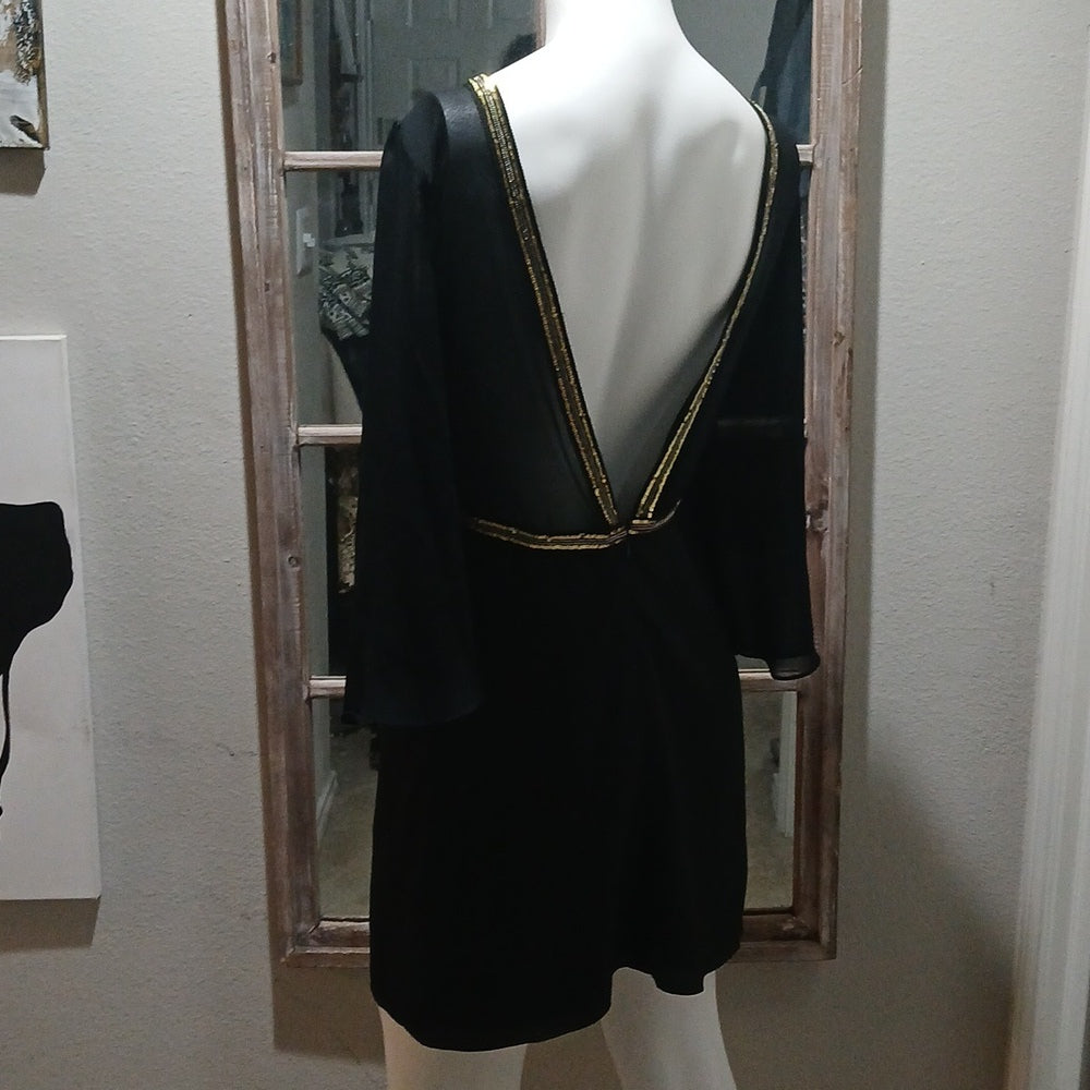 NWOT BCBG Black Low Back Embellished Mini Dress Sheer Bell Sleeves Size 6