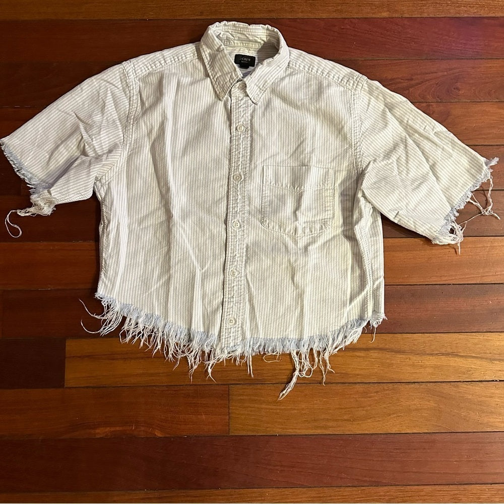 J Crew blue and white pin striped cropped short sleeve button down oxford size s
