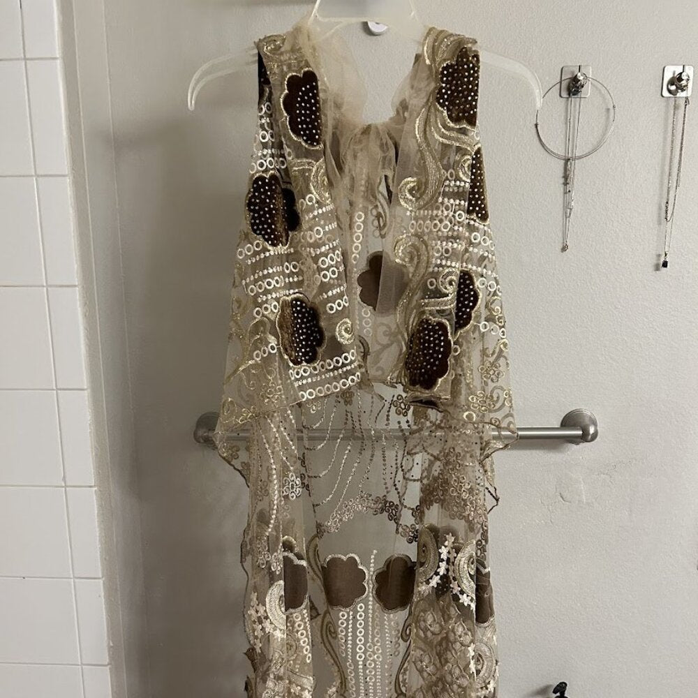 Women's Lace Embellished Open Front Floor Length Tunic Cover-up OS