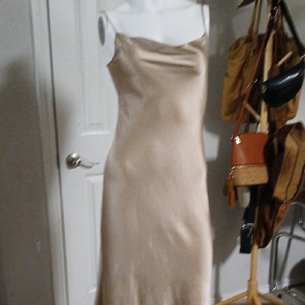 100% Silk Gold Cowl Neck Slip Dress Midi Size S