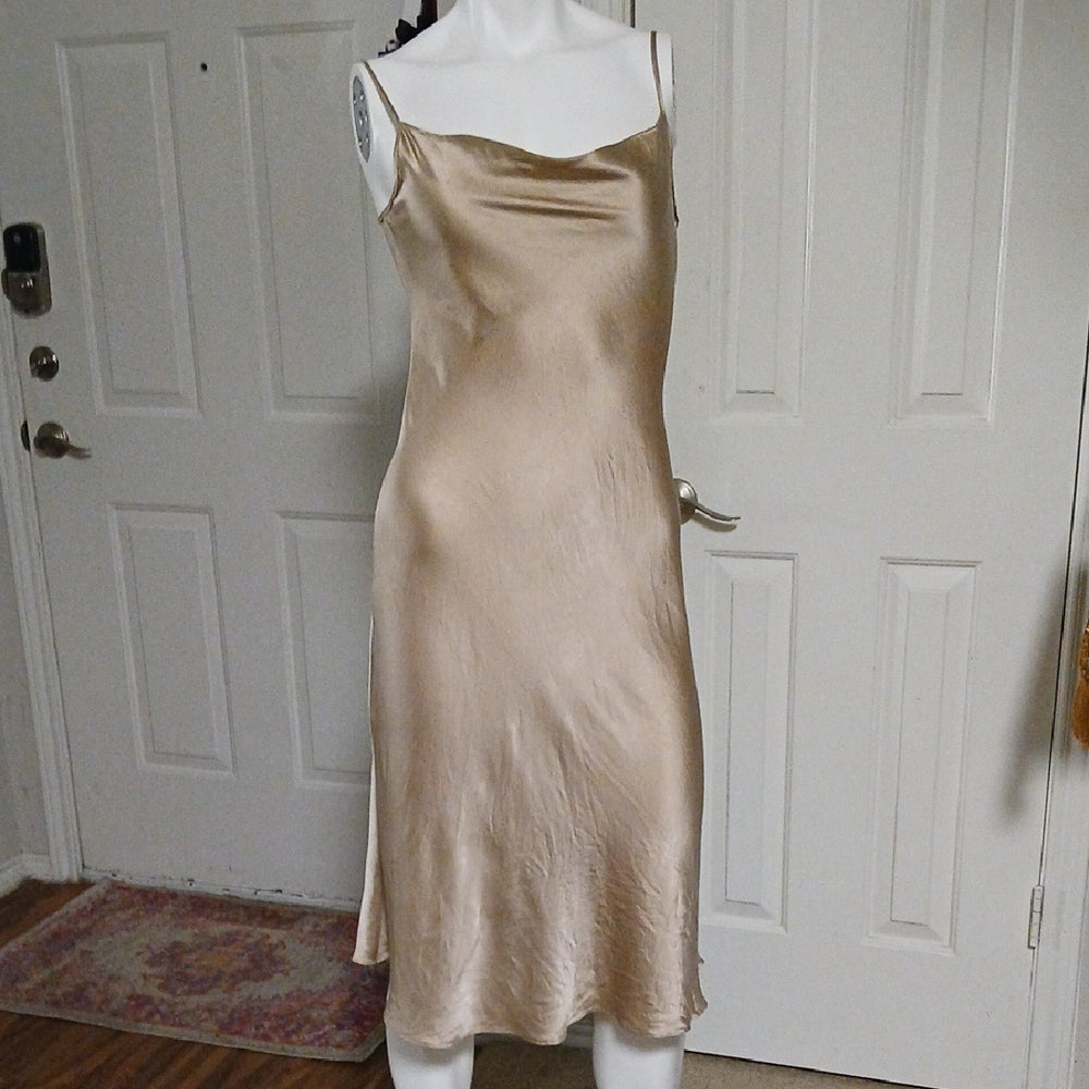 100% Silk Gold Cowl Neck Slip Dress Midi Size S