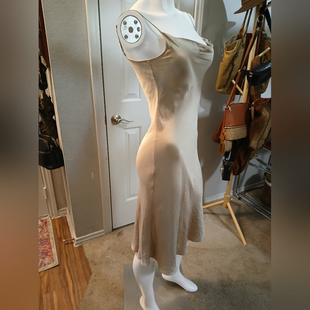 100% Silk Gold Cowl Neck Slip Dress Midi Size S