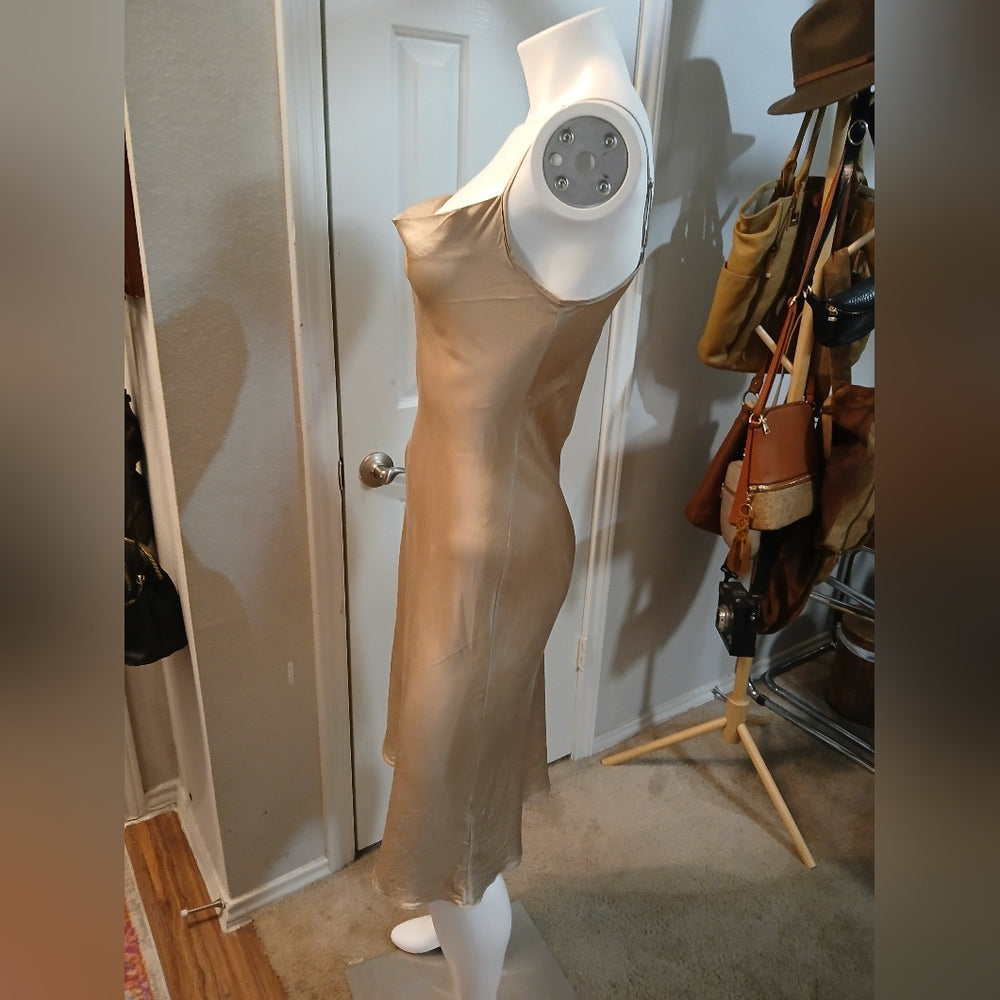 100% Silk Gold Cowl Neck Slip Dress Midi Size S