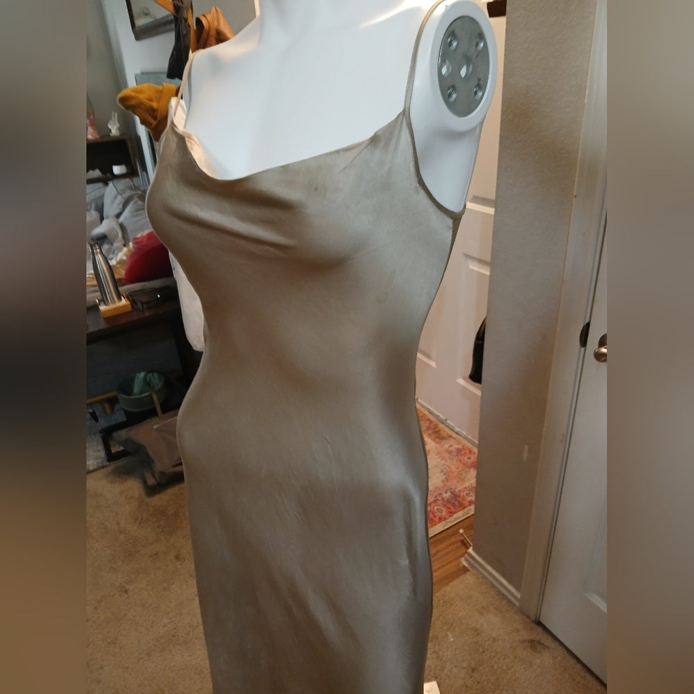100% Silk Gold Cowl Neck Slip Dress Midi Size S