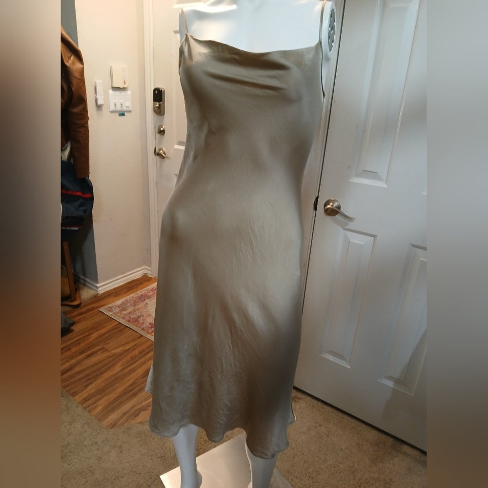 100% Silk Gold Cowl Neck Slip Dress Midi Size S