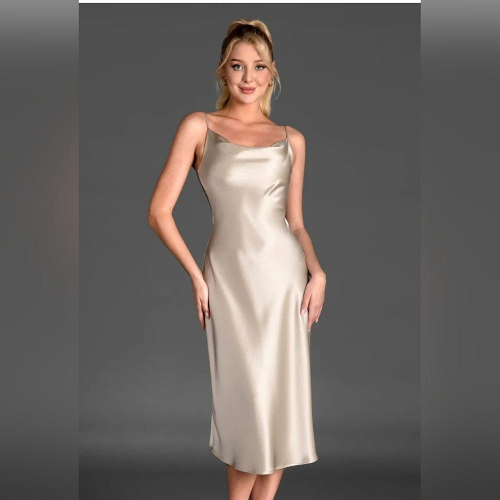 100% Silk Gold Cowl Neck Slip Dress Midi Size S