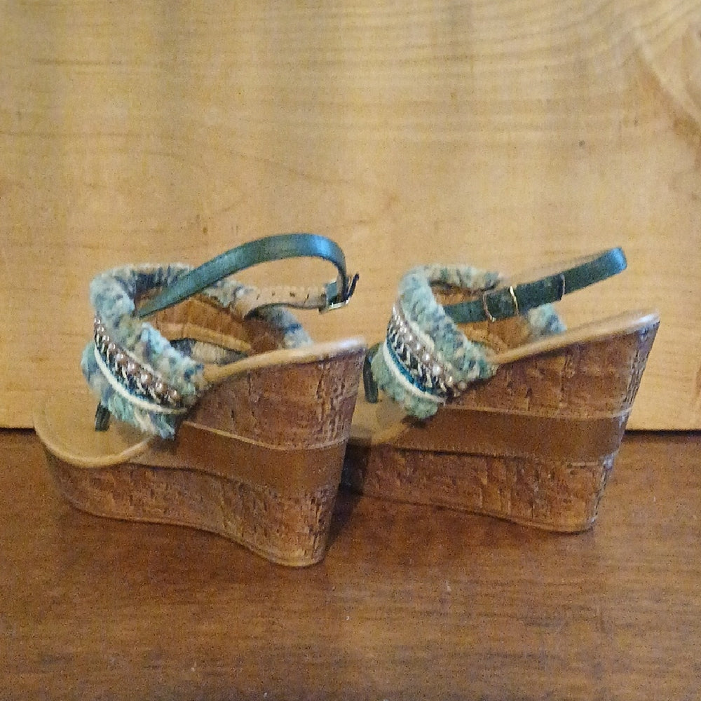 Forever 21 Green and Tan Woven Wedges 5 1/2