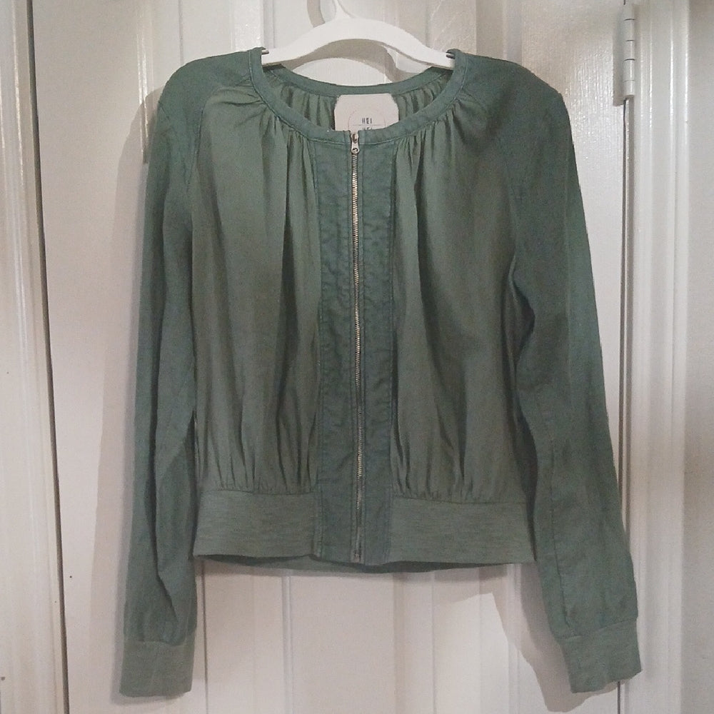 Anthropologie Hei Hei Hilltop Cotton Linen BIend Sage Green Bomber Jacket Size S
