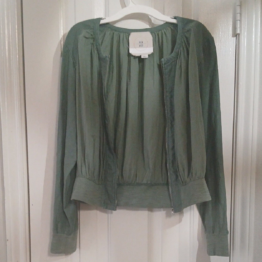 Anthropologie Hei Hei Hilltop Cotton Linen BIend Sage Green Bomber Jacket Size S