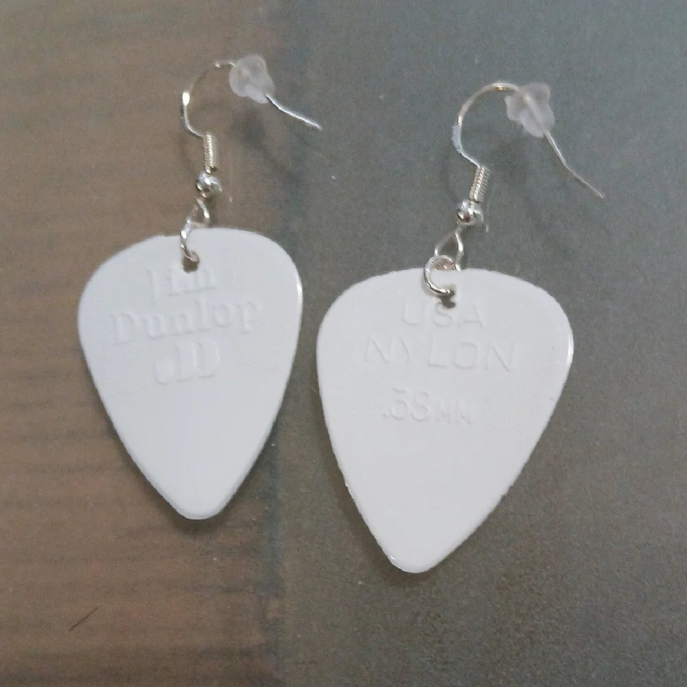 White Dunlop Guitar Pick Earrings Handmade